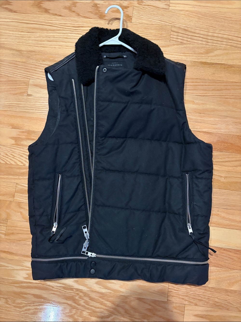 All Saints Black Quilted Puffer Vest with Shearling Collar